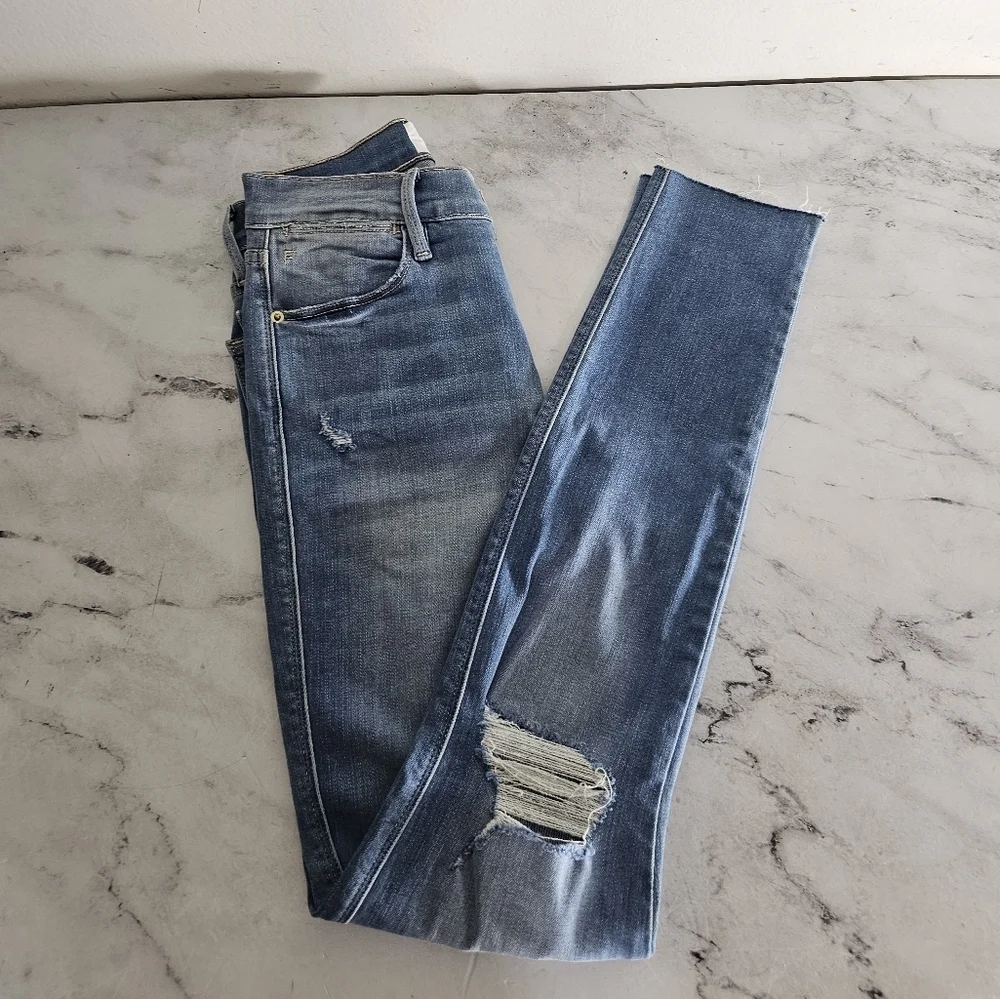 Frame Denim Le High Rise Skinny Crop Blue‎ Distressed Jeans 25 Preowned
